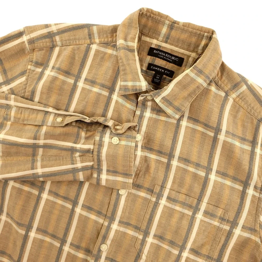 Banana Republic Luxe Flannel Mens MT Beige Plaid Long Sleeve Flannel Button Up
